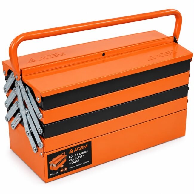 Boîte à outils métallique ACEM 223 – 5 cases articulées avec poignée de transport